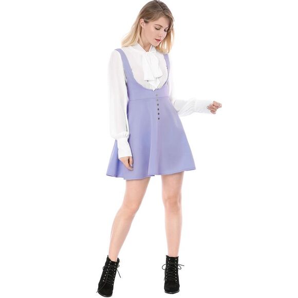 Women's Button Decor Overalls Pinafore Dress Suspenders Skirt Light Purple - Picture 3 of 6